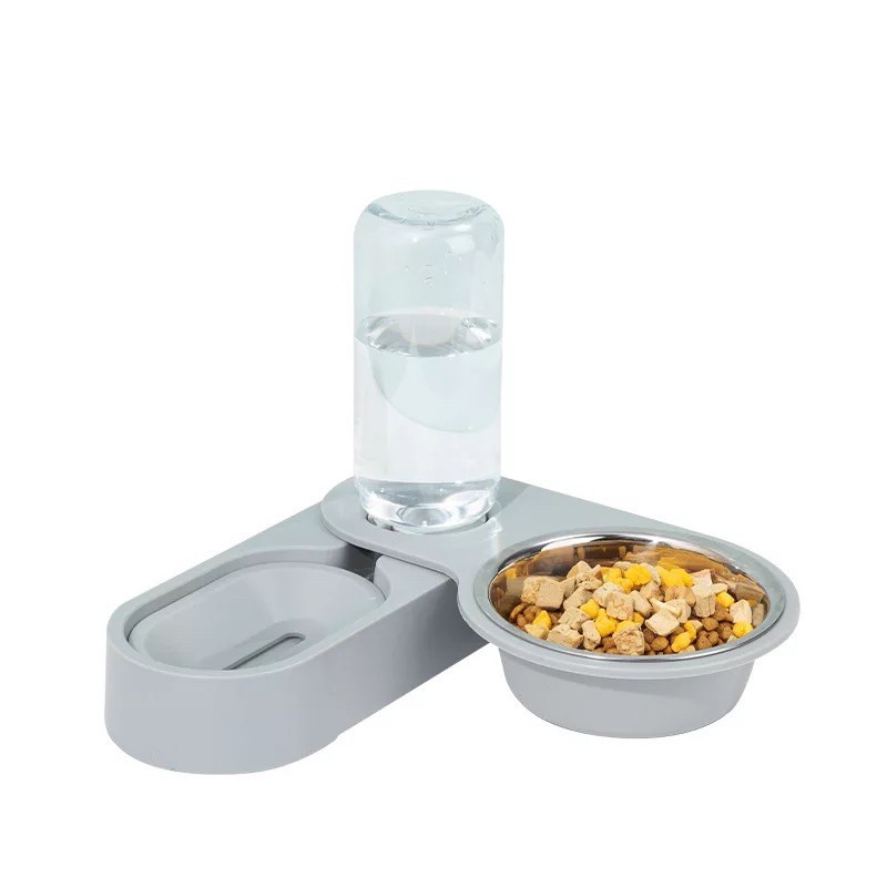 Bộ bát ăn inox kèm bình nước có thể gấp xoay tự động, bát ăn 2 ngăn cho thú cưng