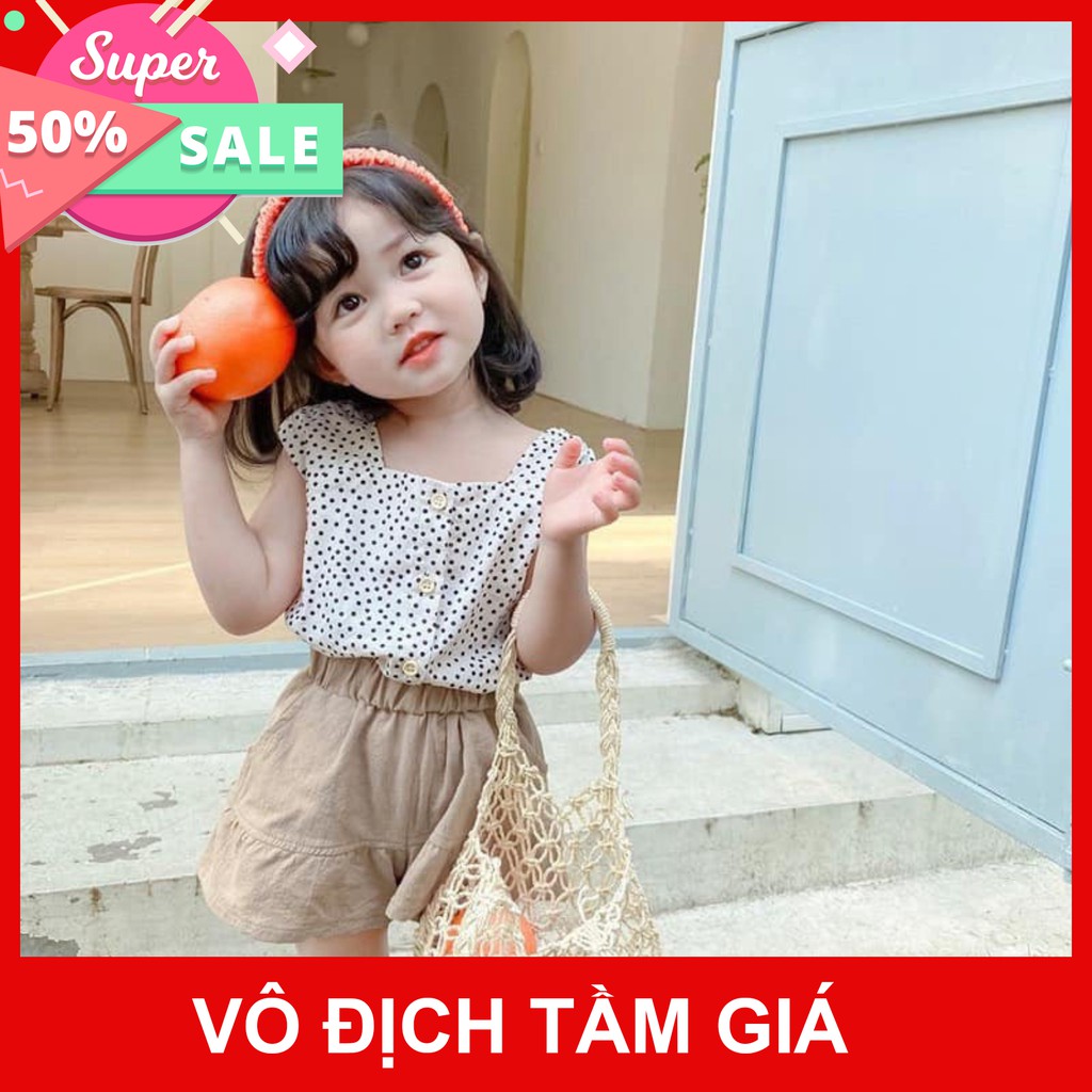 Đô bộ bé gái set Áo Chấm Bi Mix Quần Sooc Đũi Nâu Cho Bé