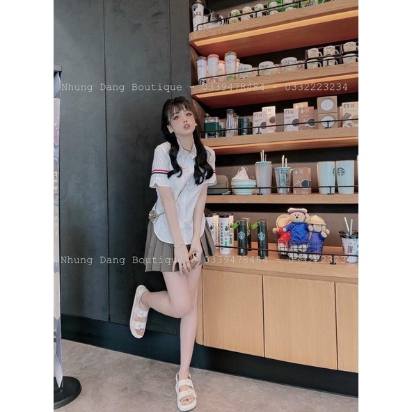 Áo sơ mi thô sọc tay cộc lỡ ms85