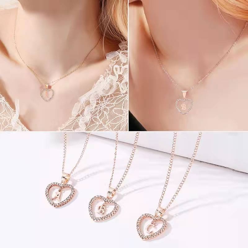 Vòng cổ kim loại mặt hình trái tim và chữ đính đá sang trọng cho nữ