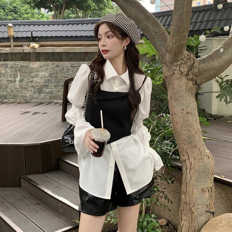 Set áo sơ mi trắng tay bo phồng + áo ghile đen 2 dây tà xéo