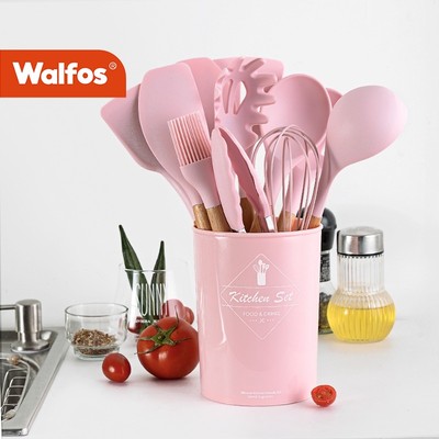WALFOS 11 Dụng Cụ Nấu Ăn Silicon Thìa Chống Dính Xẻng Tay Cầm Bằng Gỗ Có Hộp Bảo Quản
