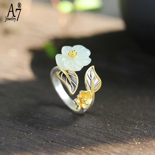 Nhẫn Đeo Tay A7 Đính Đá Ngọc Bích Màu Trắng Hình Hoa Mận