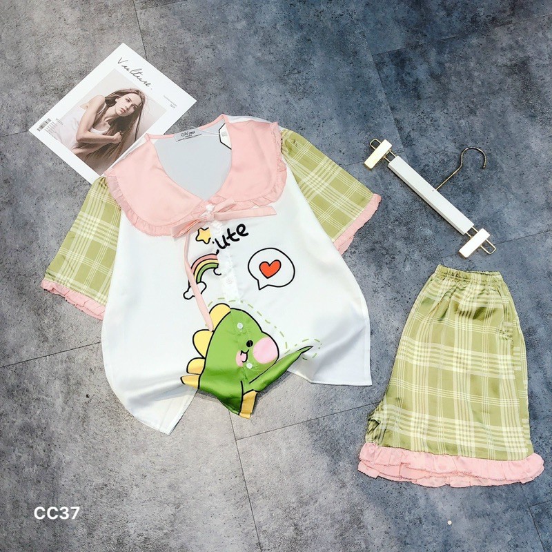 Pijama lụa SATIN cổ bèo cột nơ quần cộc cao cấp giá rẻ siêu xinh, siêu sang ạ🥰