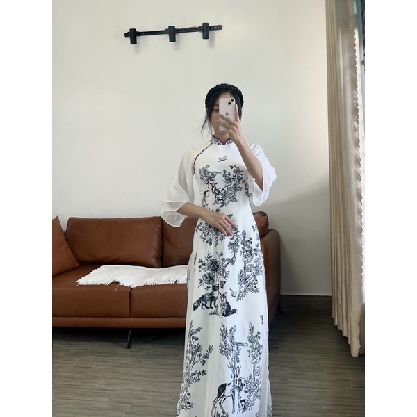 Áo Dài Thiết Kế In Hoạ Tiết Con Hươu Phối Tay Voan