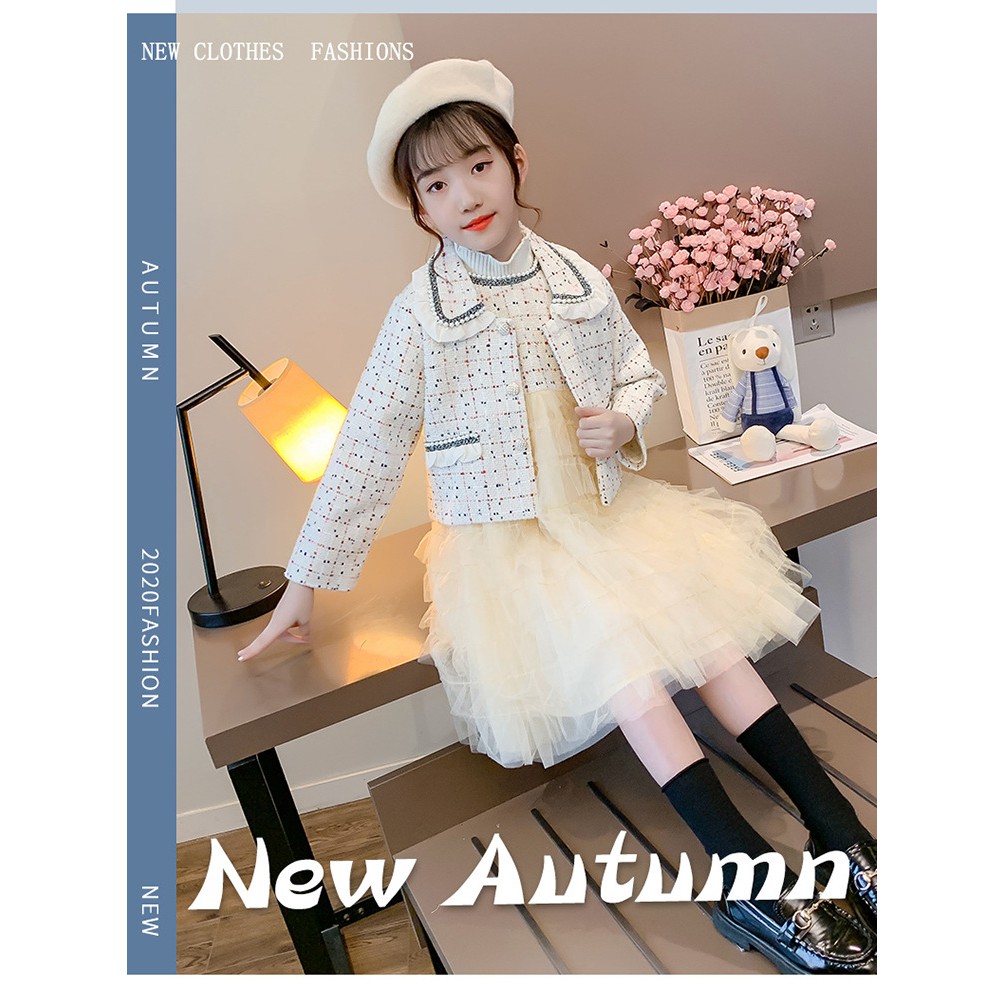 Váy thu đông bé gái chất dạ phối ren tầng xinh xắn tặng kèm áo khoác siêu đẹp size 14-32kg [SV07]