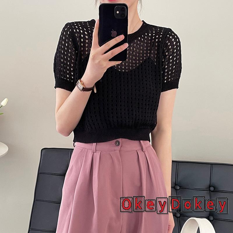 Áo Dệt Kim Tay Ngắn Cổ Tròn Màu Trơn Thiết Kế Khoét Lỗ Thời Trang Mùa Hè Cho Nữ