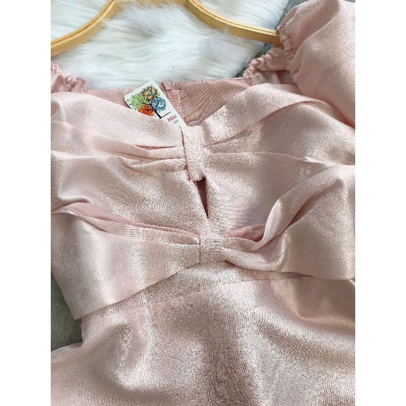 đầm hồng tafta xếp ngực