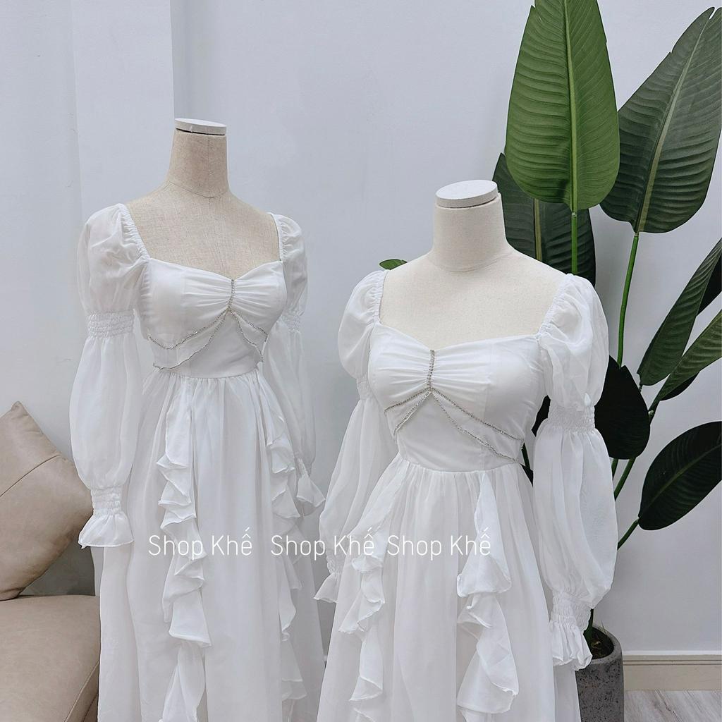 Đầm maxi voan trắng tay dài, đính đá quý phái, sang trọng, thích hợp đi tiệc, đi chơi biển