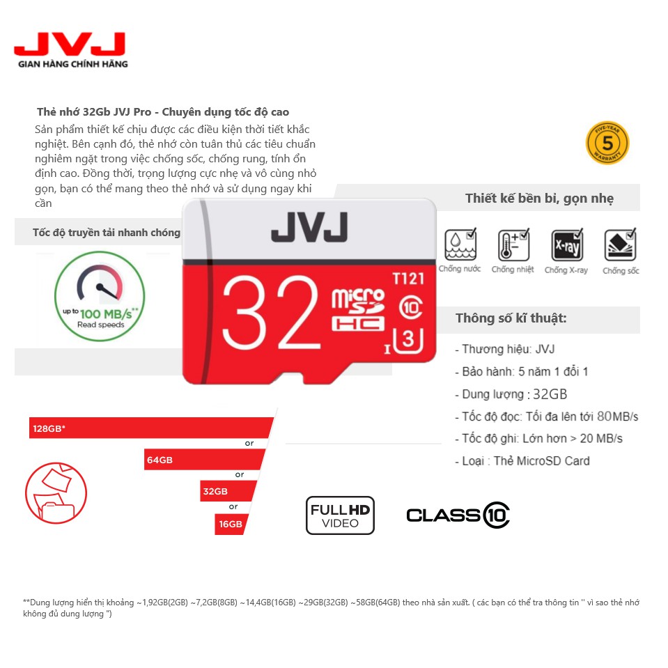 Thẻ nhớ 32Gb JVJ Pro U3 Class 10–chuyên dụng cho CAMERA, Điện thoại, Máy ảnh,... tốc độ cao 95Mb-140Mb/s