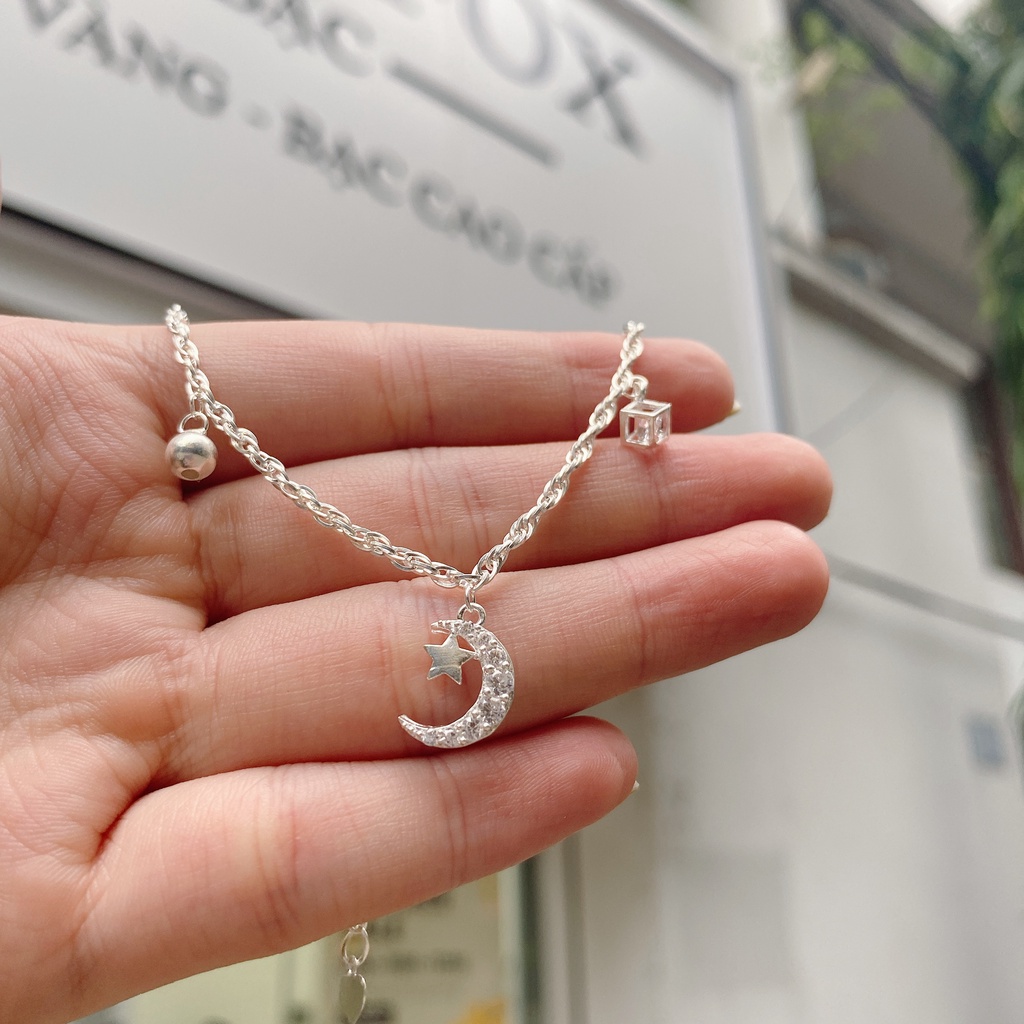 Vòng Tay, Lắc Chân Bạc S925 CaoBac Silver Sợi Xích Hoạ Tiết Trăng Sao Đá , Bi Lập Phương Rơi Phong Cách Nhẹ Nhàng Cho Nữ