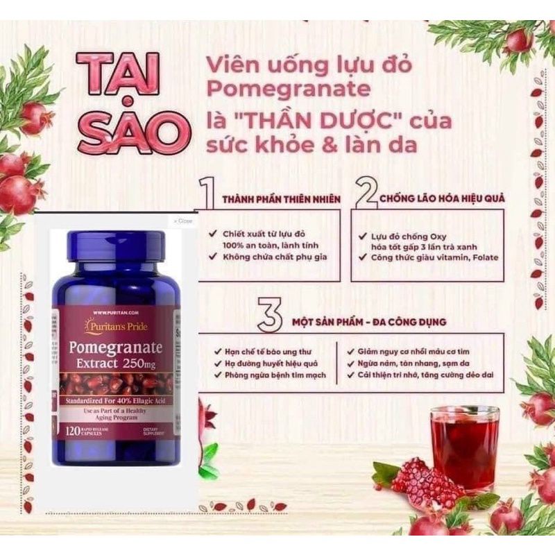 Viên uống chống nắng nội sinh, mờ nám, trắng da lựu Pomegranate Extract Puritan's pride