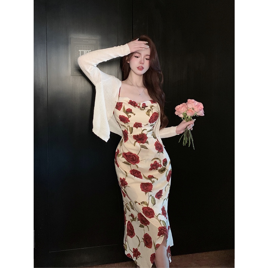 Đầm hai dây họa tiết hoa hồng quý phái sang chảnh ôm body sexy váy dài xẻ tà quyến rũ trưởng thành + Áo khoác nịt ren