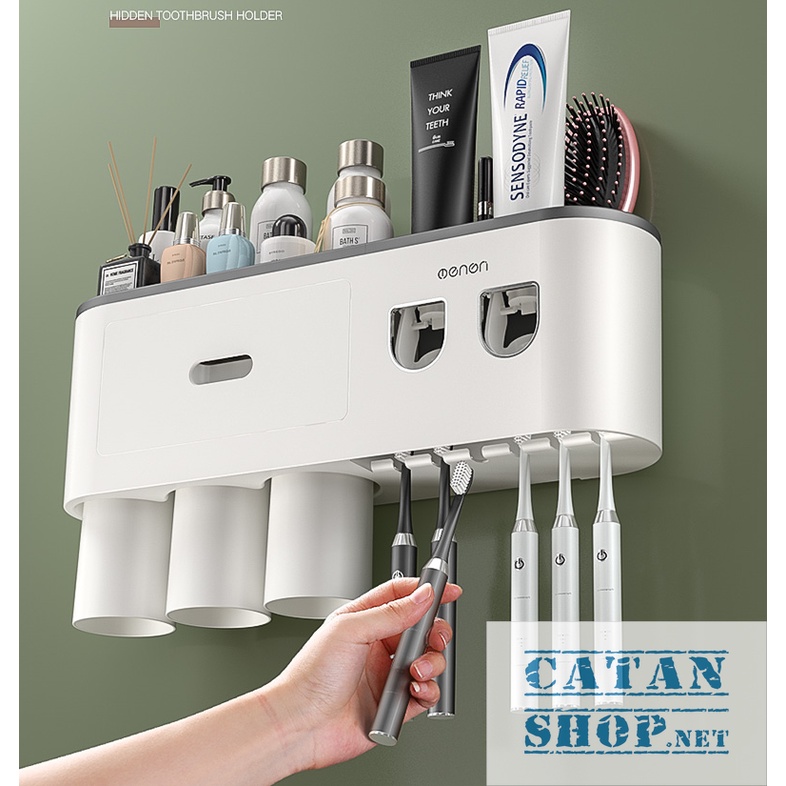 Giá Dán Tường Để Bàn Chải Đánh Răng OENON- Bộ 2 NẶN Kem Tự Động Cao Cấp, tặng kèm ly (cốc) hút từ tính GD527-HBC-OK.