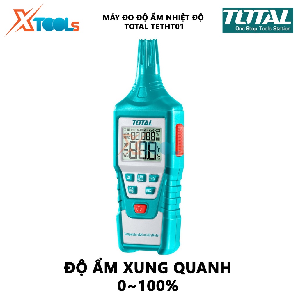 Máy đo độ ẩm và nhiệt độ kỹ thuật số TOTAL TETHT01 | thiết bị kiểm tra độ ẩm nhiệt độ Với chức năng đèn nền, báo pin thấ