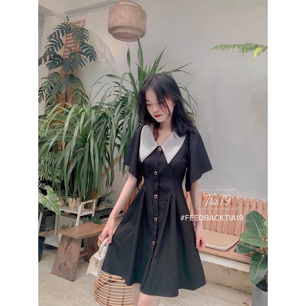 Váy cổ V tay xoè ulzzang Tia19. Đầm pha trắng đen dự tiệc cutout tay rộng | BigBuy360 - bigbuy360.vn