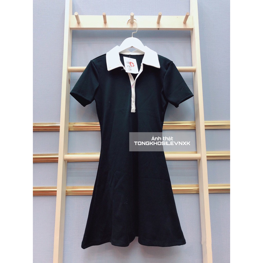 Đầm Polo Nữ Đen Xòe Dáng Ôm 🦋 Váy Polo Nữ Cổ Phối Trắng Chất Borip Dáng Chữ A Ngắn Body 🦋