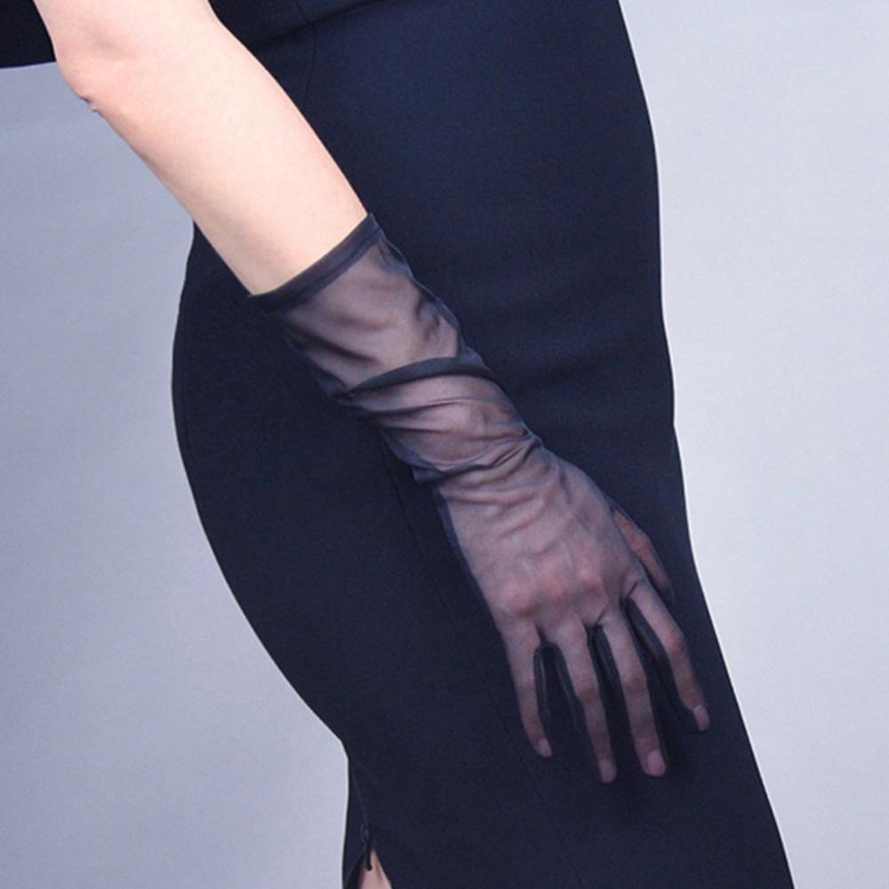 Găng Tay Lụa Đen Dài 38cm Trong Suốt Chống Tia UV Cho Nữ