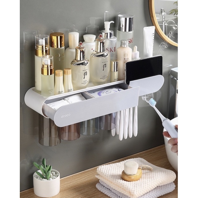Kệ nhả kem 4 cốc ECOCO, cắm bàn chải, kệ để đồ có ngăn kéo từ tính không khoan tường mẫu mới 2022 |Kệ nhà tắm thông minh