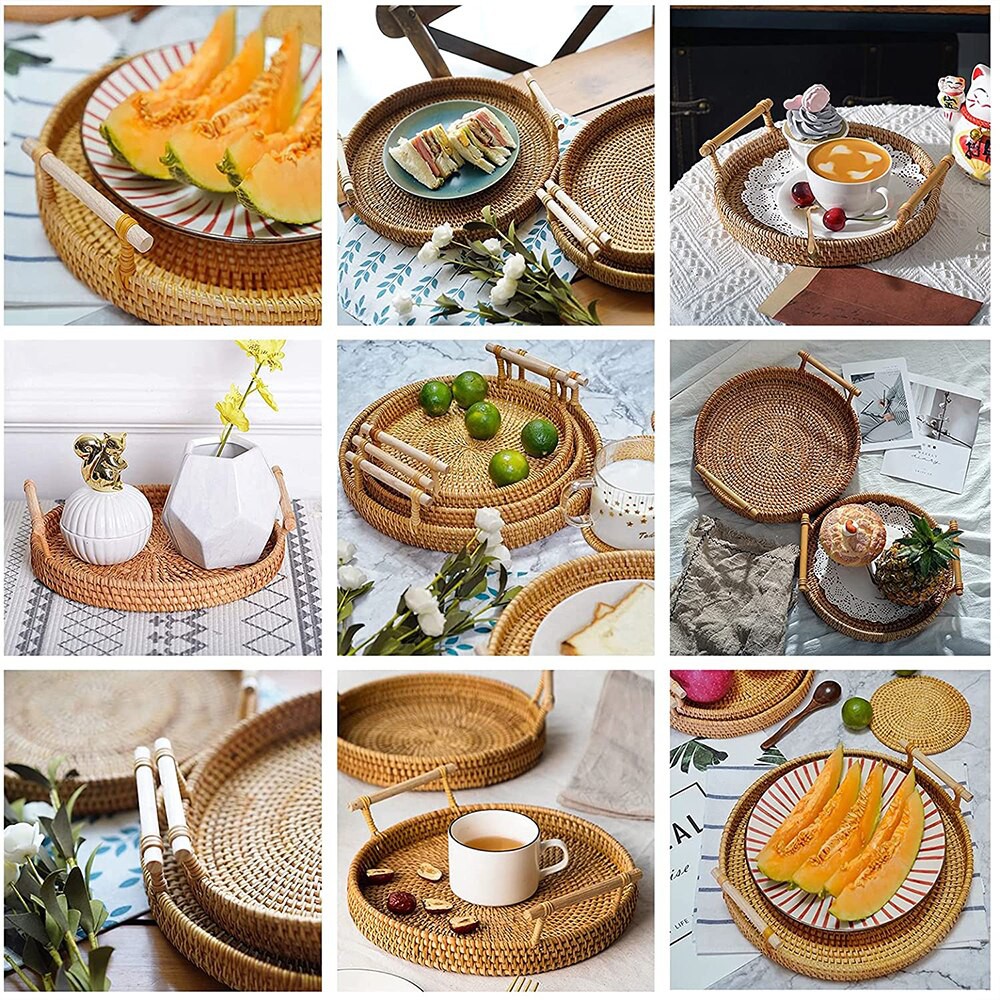 Set trà thủ công hình tròn có tay cầm, giỏ đựng trái cây, đựng thức ăn, đĩa cao dùng cho bữa sáng, đồ ăn nhẹ và cà phê