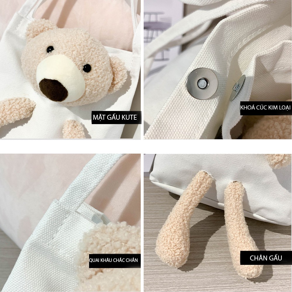 Túi tote vải gắn gấu bông kute phong cách trẻ trung - TXN48