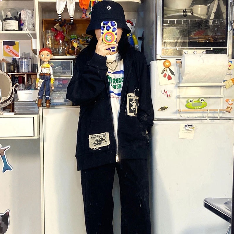 Áo khoác hoodie khóa kéo in hình graffiti đường phố bụi thời trang mùa thu cho nữ y2k