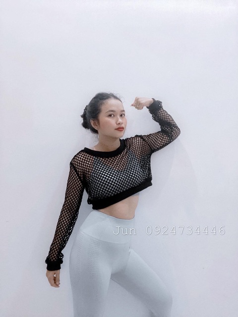 Áo lưới Tay Dài Gợi Cảm mix cùng bra tập gym yoga