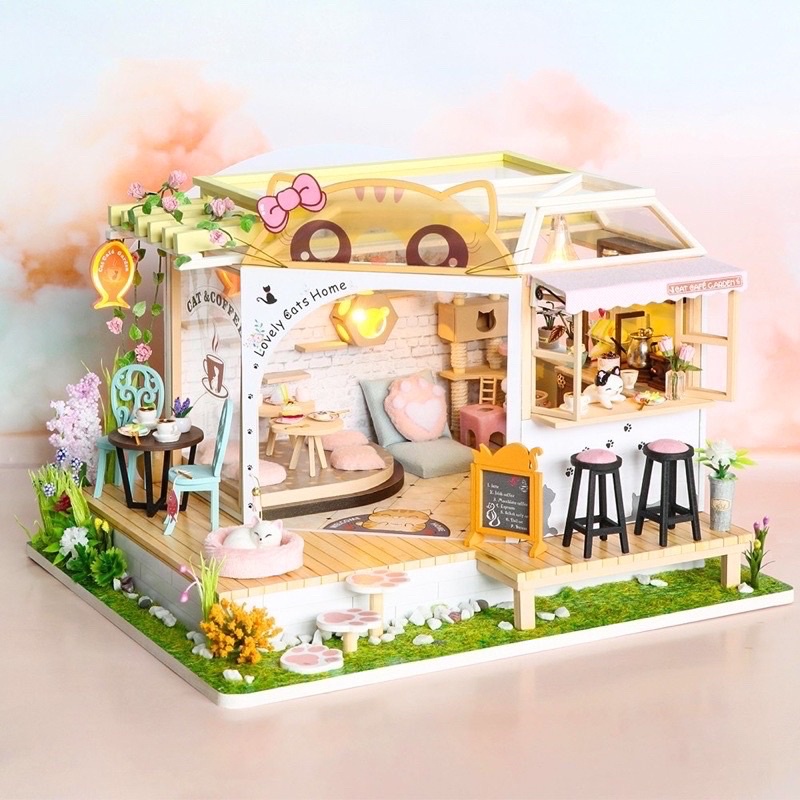 (Tặng mica,keo sữa,đèn)Mô hình gỗ bé lắp ráp đô chơi Diy house doll Nhà búp bê tự làm tiệm cafe mèo M2111