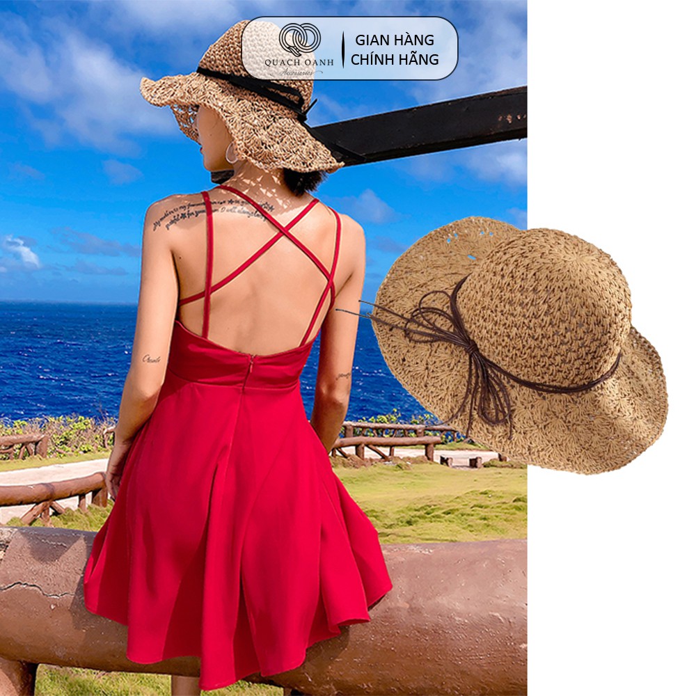 Mũ nón cói QO ACCESSORIES nữ vành lượn sóng dây nơ vintage đi biển mùa hè MU42
