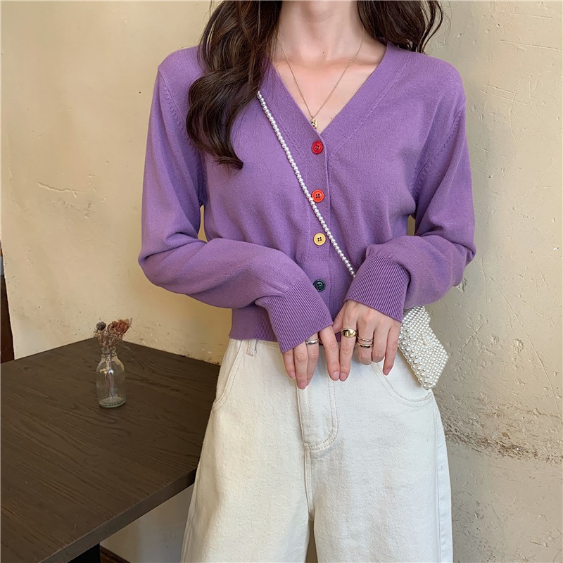 Áo cardigan len nút màu cổ chữ V tay dài freesize phong cách Hàn Quốc trẻ trung cho nữ hàng Quảng Châu | BigBuy360 - bigbuy360.vn
