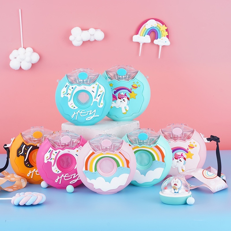 Bình Nước Thể Thao 380ML Hình Bánh Donut Kitty Chống Rò Rỉ Có Ống Hút Và Dây Đeo Vai