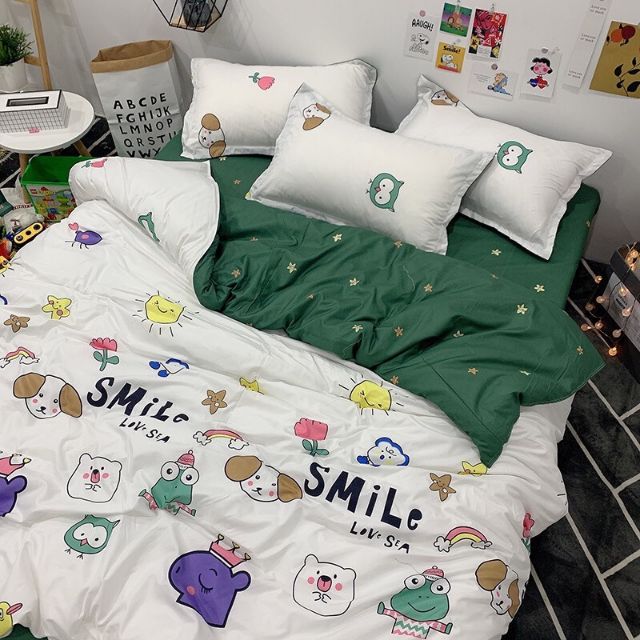 Bộ vỏ chăn ga gối cotton poly mẫu Ếch Smile
