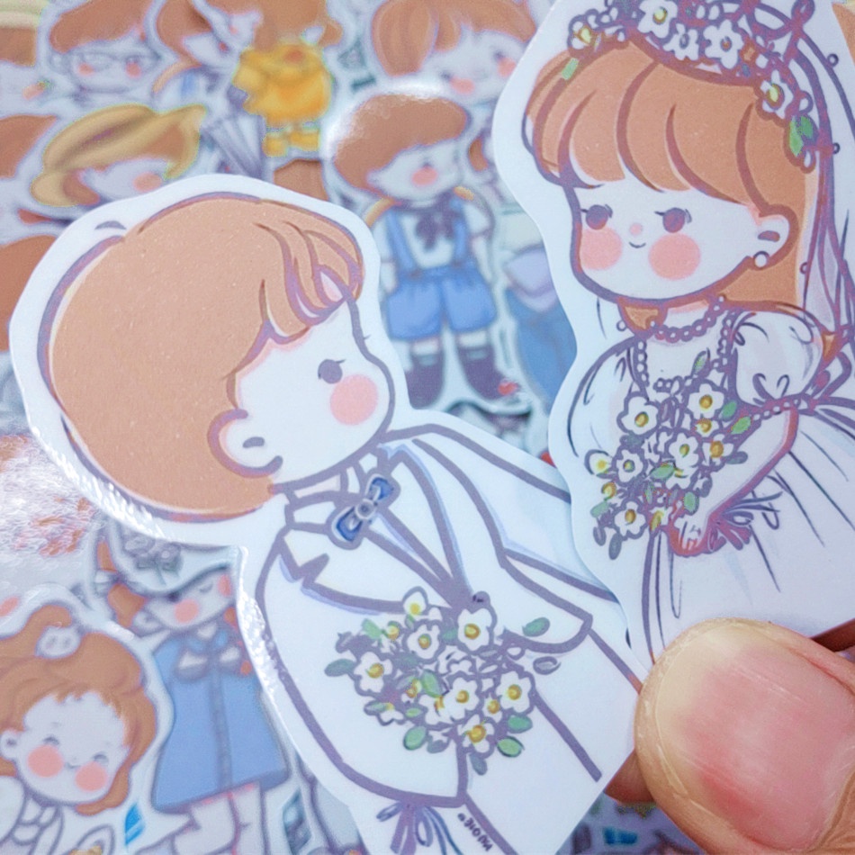 Sticker/ Nhãn dán Couple, chàng trai cô gái dễ thương chống nước trang trí sổ tay, mũ bảo hiểm, vali, bình nước