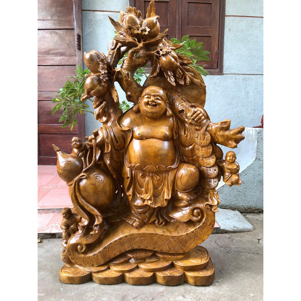 Tượng Phật Di Lặc Vác Cành Đào - Tượng Gỗ An Phát