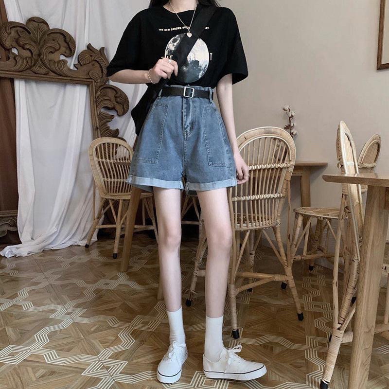 Quần Đùi Jeans Nữ Màu Xanh Có Túi Hai Bên Một Cúc, Quần Short Denim Dáng Ngắn Ống Rộng Phong Cách Ulzzang Loại 1