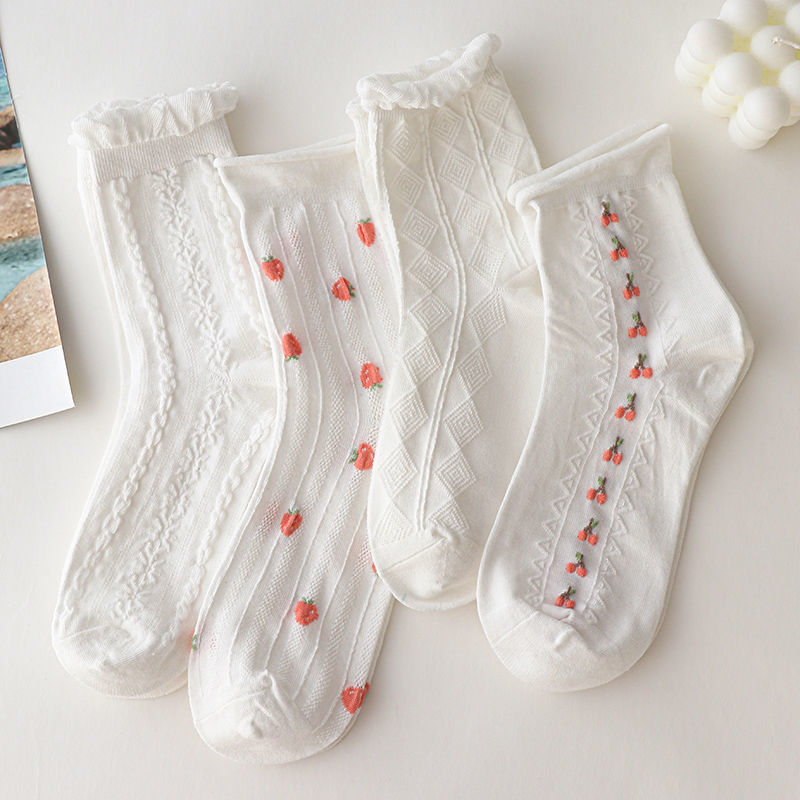 Tất cao cổ phối ren màu trắng phong cách Nhật Bản Hàn Quốc dễ thương