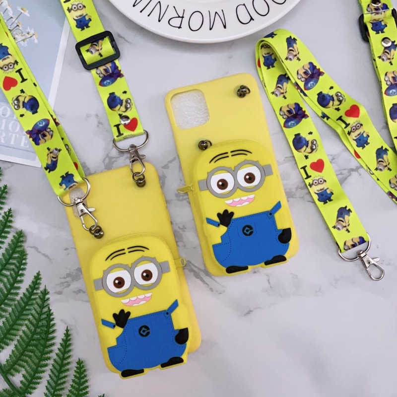Ốp iPhone XsMax/11/11ProMax Silicon Dẻo Hình Minion Kèm Ví Và Dây Đeo