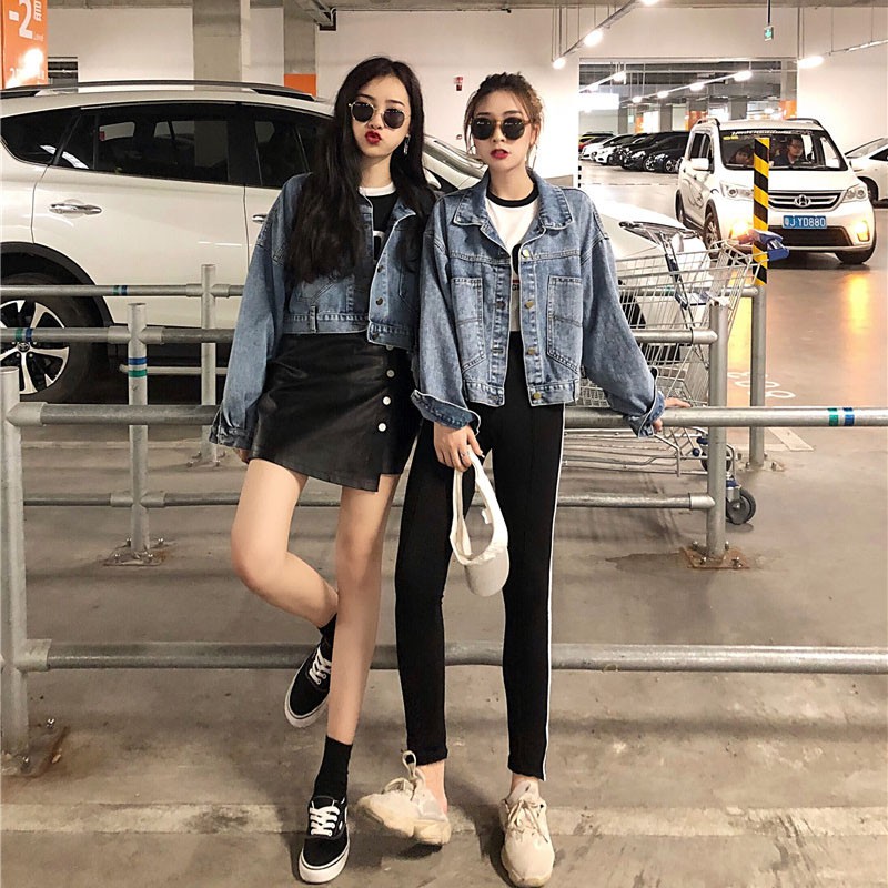 áo jean ulzzang áo khoác bò croptop áo khoác jean jeans ngắn jacket dày tay dài ống rộng