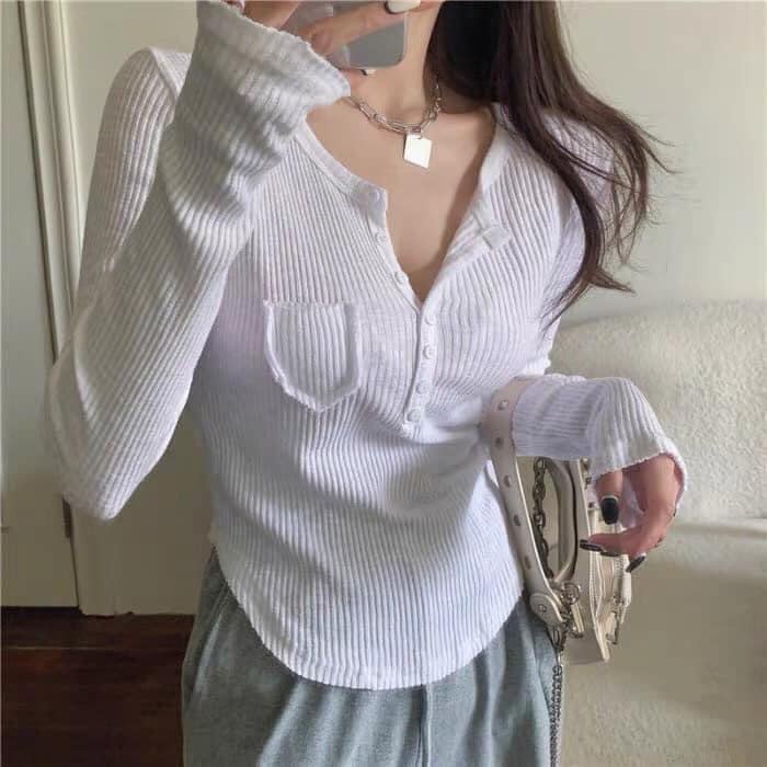 Áo nữ đẹp , áo len tăm tay dài  khuy ngực co giãn giữ nhiệt body dáng ôm -VD0101