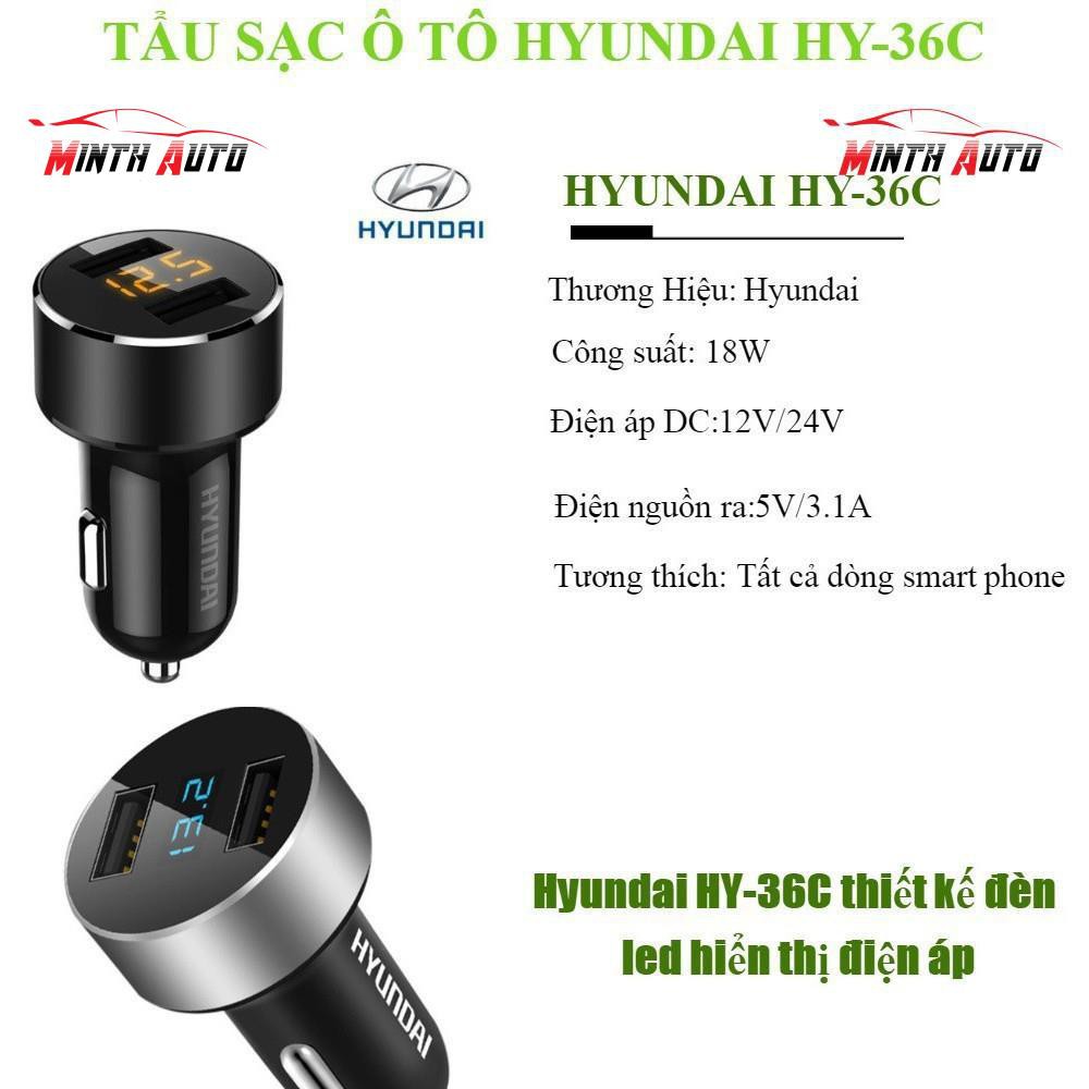 Tẩu sạc ô tô xe hơi Hyundai HY-36C có đèn led báo điện áp với 2 cổng USB.