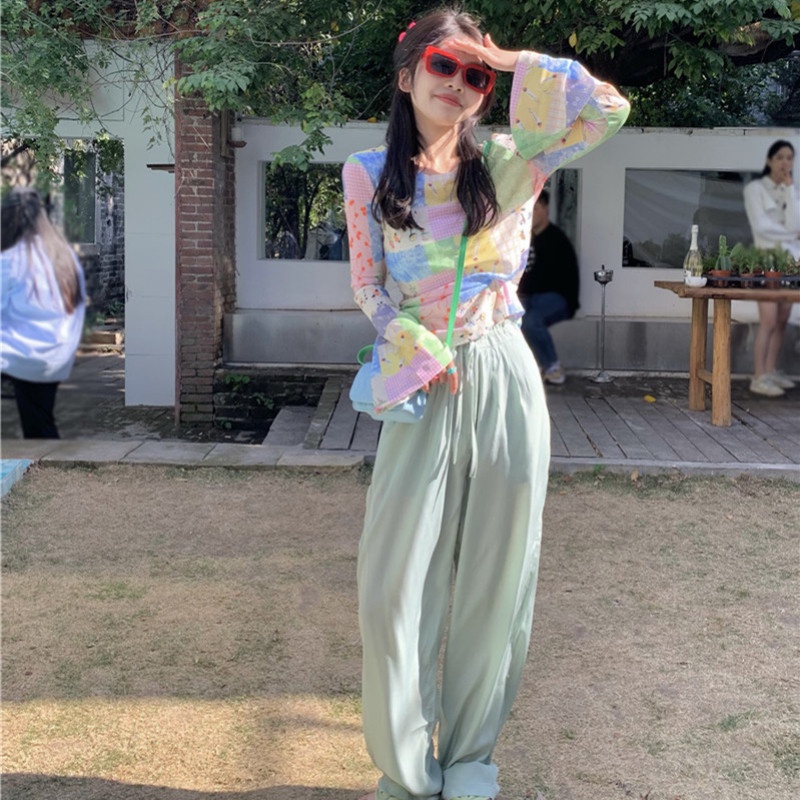 Áo Thun Tay Dài Dáng Rộng In Họa Tiết Phối Màu Thời Trang Mùa Hè Xinh Xắn Cho Nữ