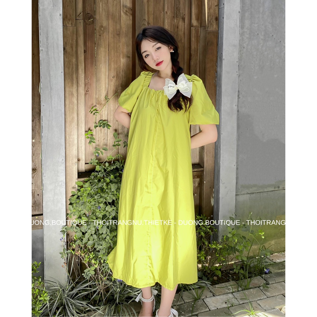 Váy xuông dáng dài, Đầm xuông dáng dài Dương Boutique hàng thiết kế tay bồng cổ vuông dễ thương, vải thô boi mềm mượt