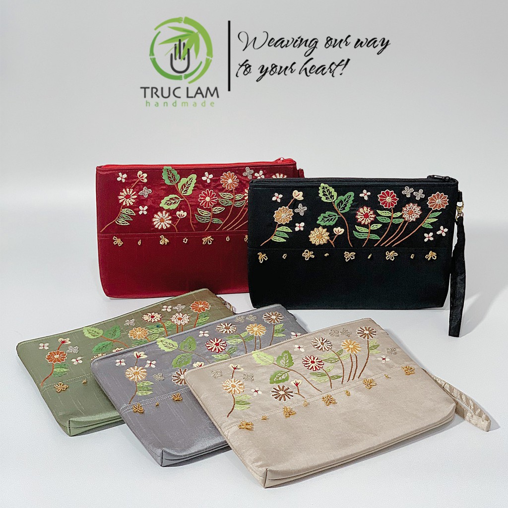 Ví Đựng Ipad Clutch Cầm Tay Thêu Cành Hoa Đính Hạt Cườm Vải Tafta Cỡ To - Trúc Lâm Handmade