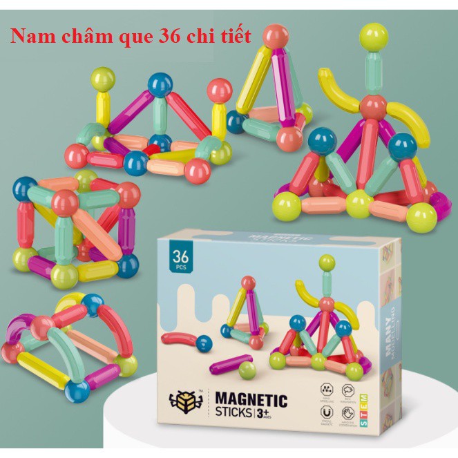 Đồ chơi Que từ tính tròn lắp ráp xếp hình khối nam châm MAGNETIC STICKS 25, 36, 42 chi tiết