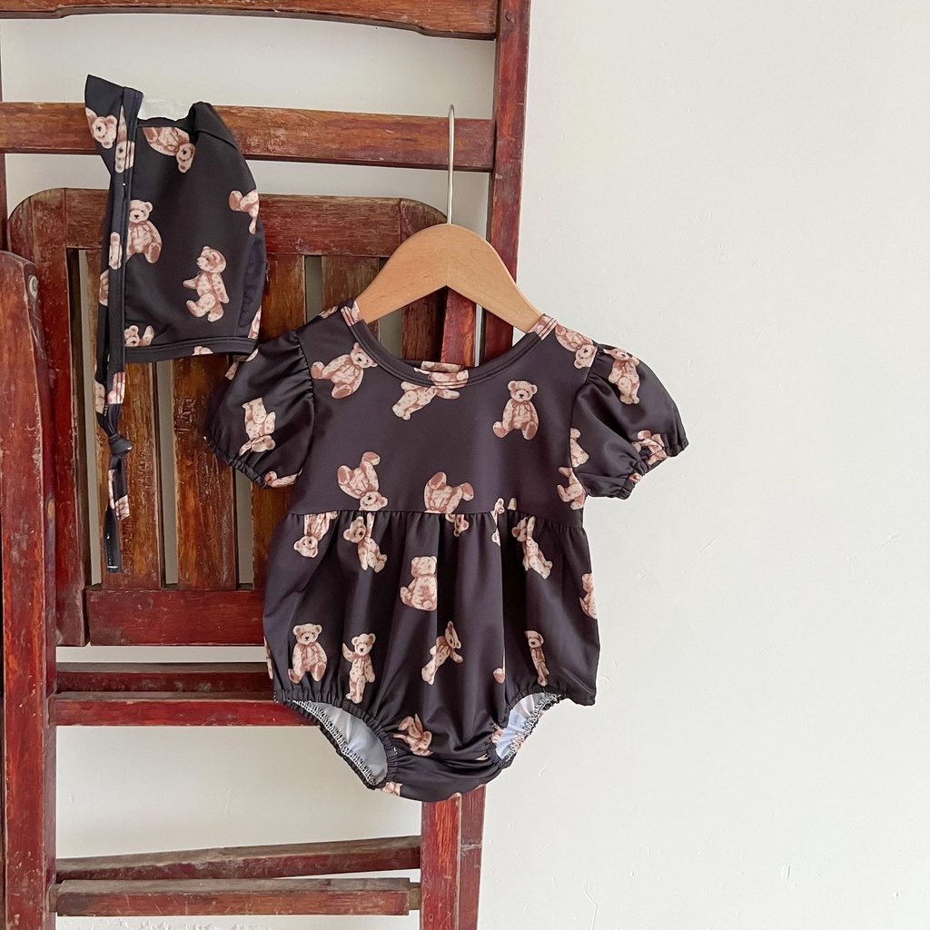 Bộ Đồ Bơi Liền Thân Tay Ngắn In Hình Gấu + Mũ Thời Trang Mùa Hè Cho Bé Gái
