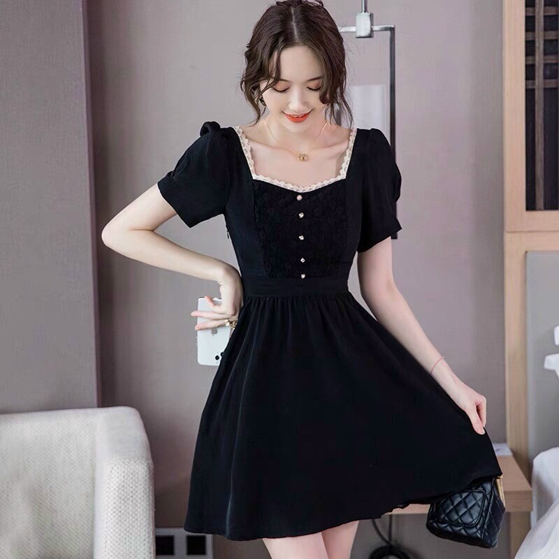 Đầm babydoll cổ vuông, váy nữ hở lưng siêu xinh phối ren thích hợp đi tiệc đi chơi