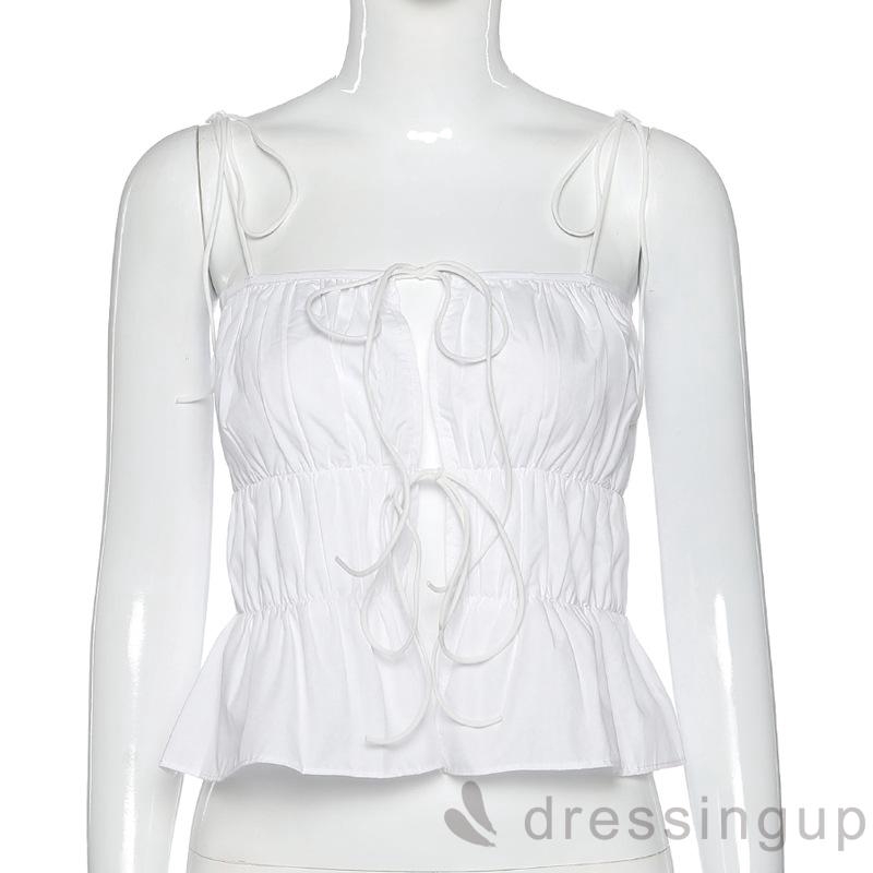 DRESSINGUP-Áo Dây Cổ Vuông Xếp Nếp Thời Trang Nữ Tính