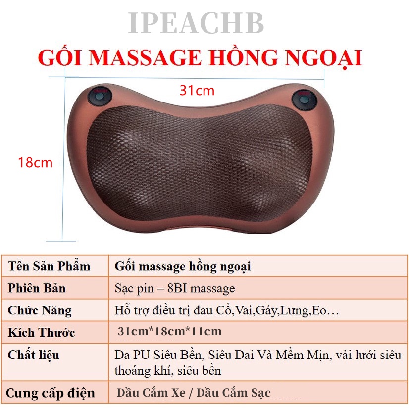 Gối massage hồng ngoại 8 bi cao cấp-massage toàn thân-2 loại đầu cắm điện sử dụng có thể dùng chên xe