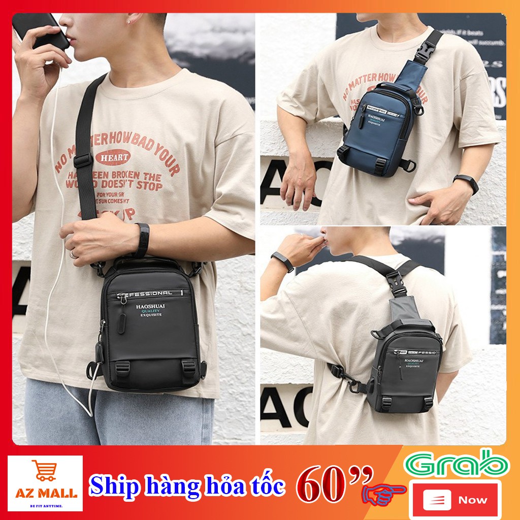 Túi Chéo Nam Vải Polyester Cao Cấp Trống Nước Trống Bụi Trẻ Trung Gọn Gàng Tích Hợp Cổng USB Tiện Dụng