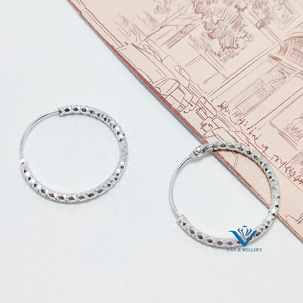 Khuyên tai bạc 925 khuyên tròn thân phay sáng bóng đường kính 2-2.5cm